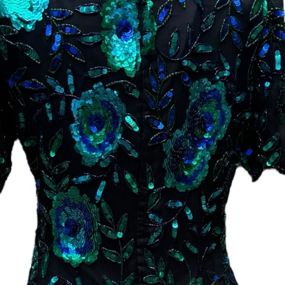 Laurence Kazar Vintage Sequin Silk Beaded Top Medium Floral Glam 80s 90s Party - Picture 5 of 15